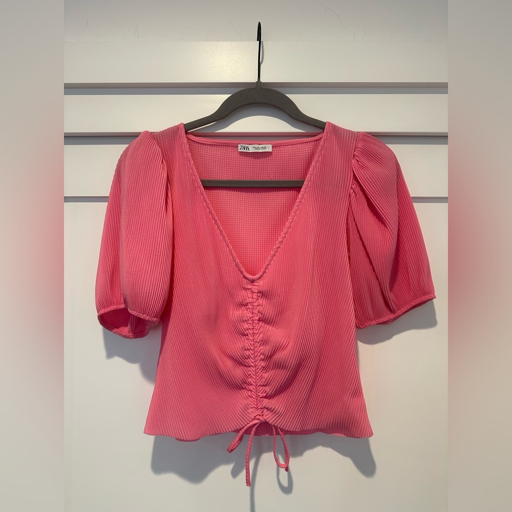Pink Ribbed V-Neck Women's Top - Picture 2 of 2